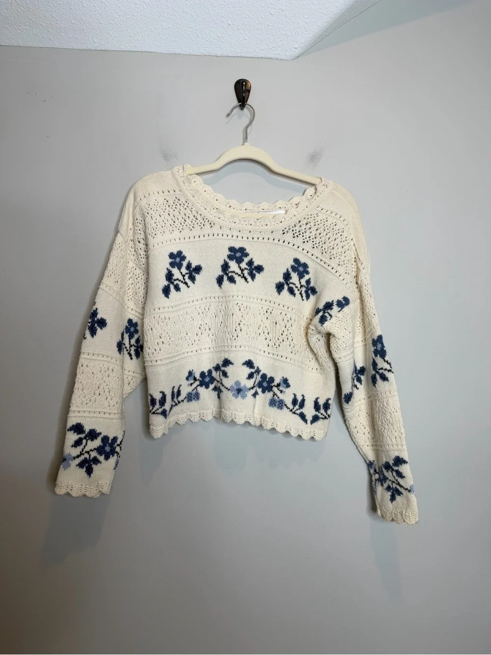 Vintage Absolutely Cotton Floral Crochet Knit Sweater Womens S Cottagecore Boho